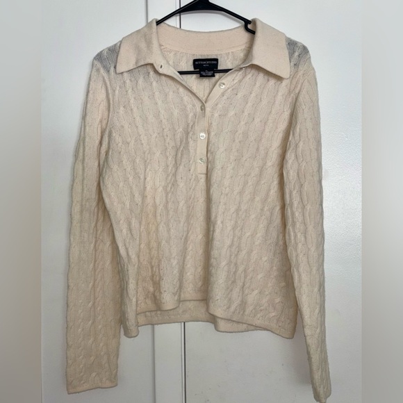 SUTTON STUDIO Ivory Cream Cable knit L/S Cashmere Sweater Petite Large PL - Picture 2 of 4